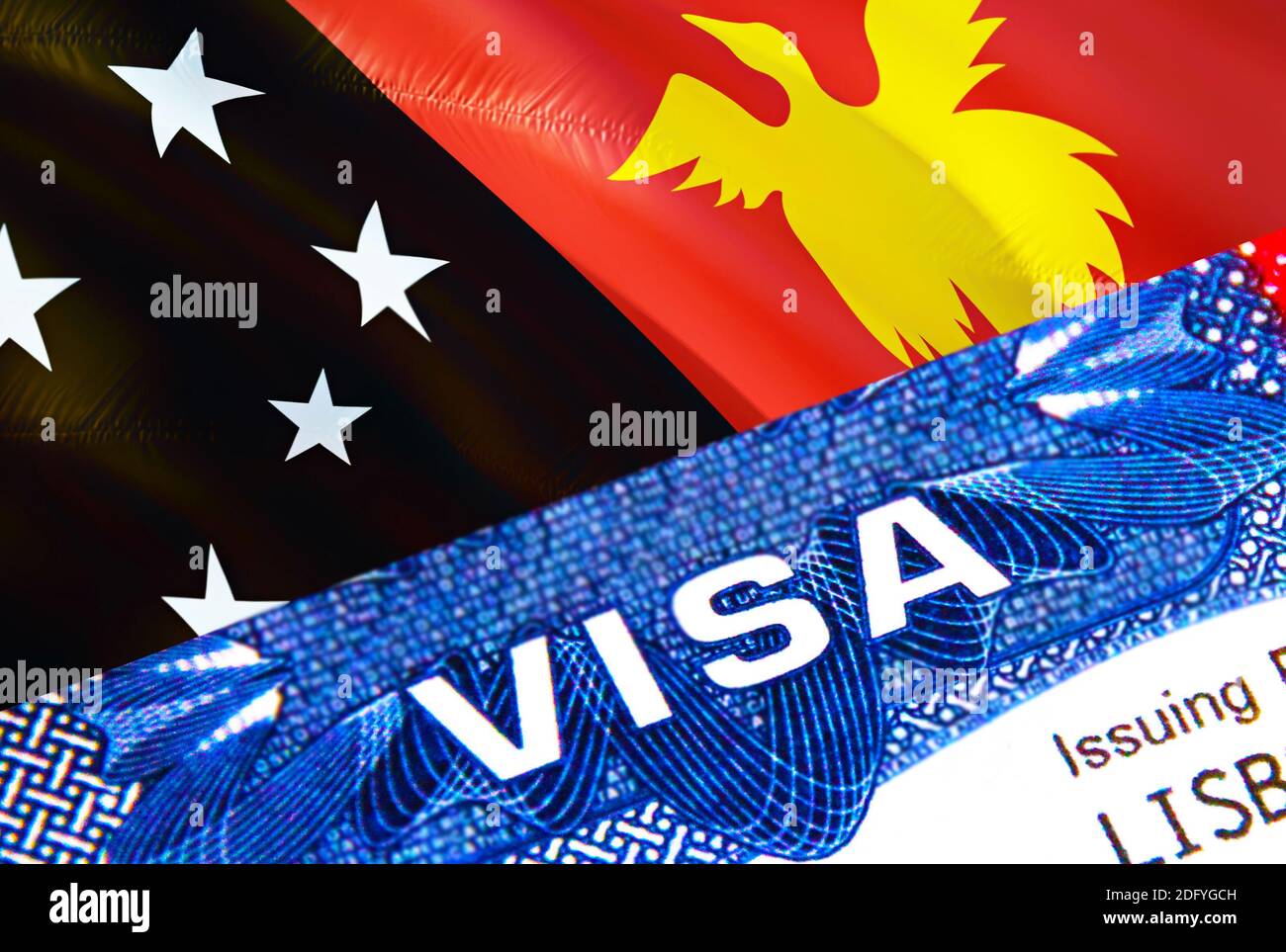 Papua New Guinea visa stamp in passport with VISA text. Passport