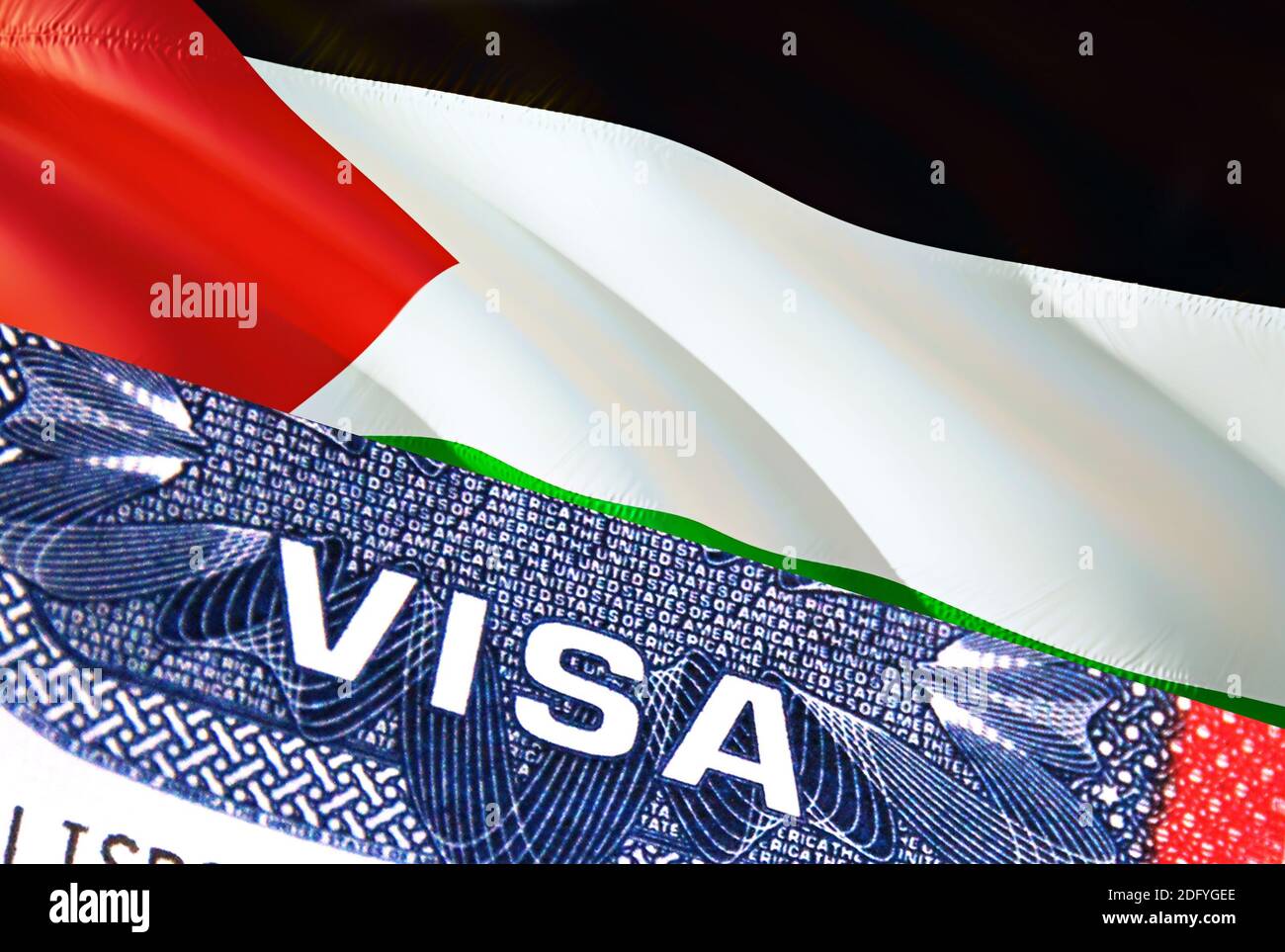 Palestine Visa Document, with Palestine flag in background. Palestine flag  with Close up text VISA on USA visa stamp in passport,3D rendering.Visa pas  Stock Photo - Alamy