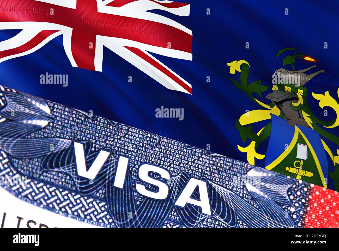 Pitcairn Islands Visa Document, with Pitcairn Islands flag in background. Pitcairn Islands flag