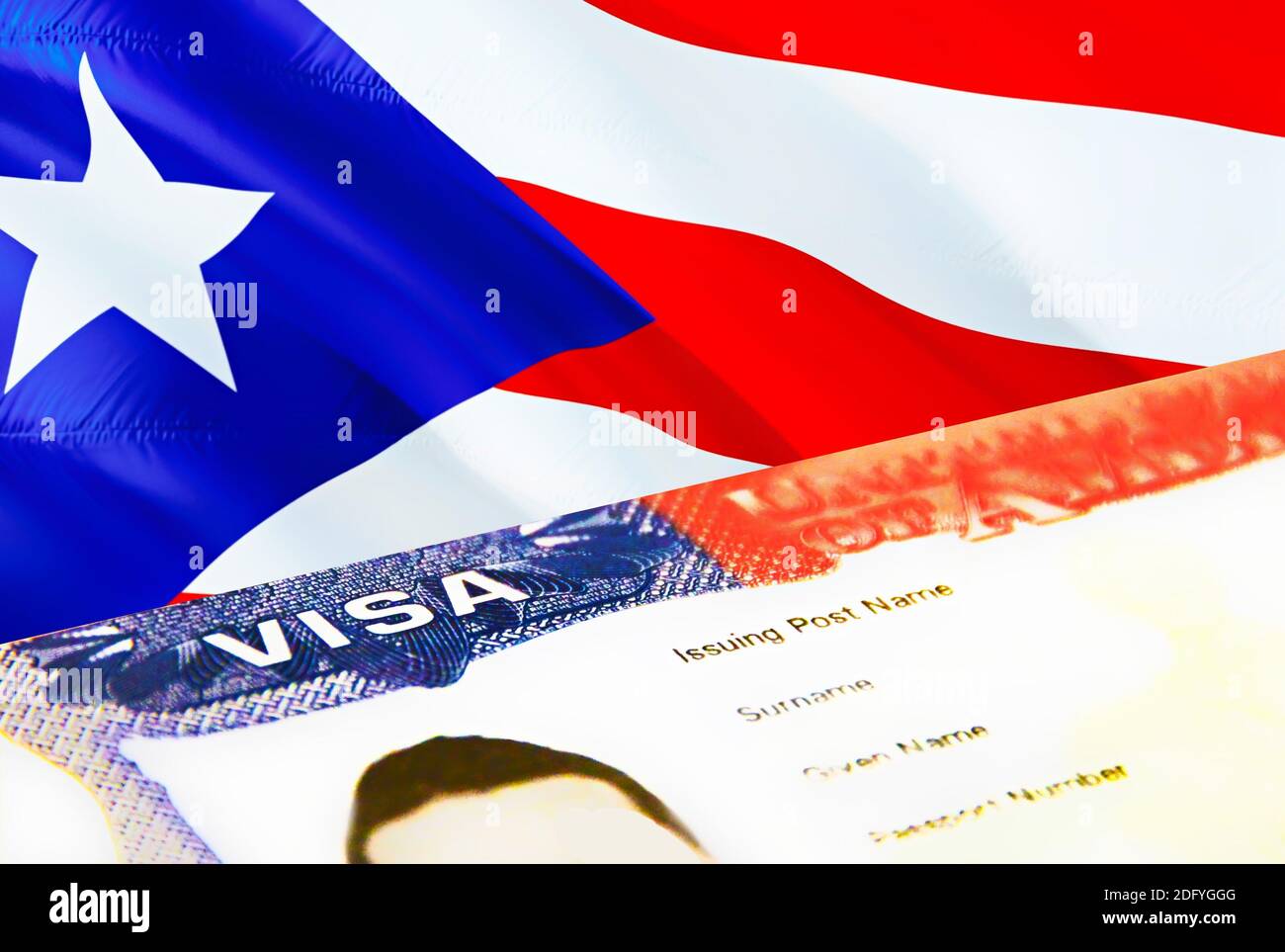 Puerto Rico immigration document close up. Passport visa on Puerto Rico