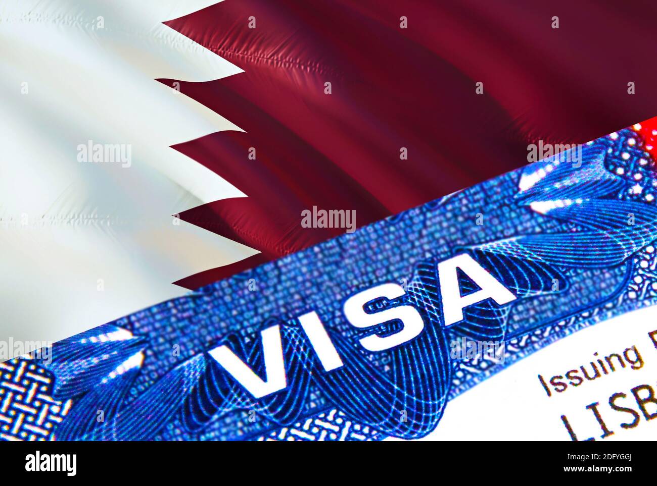 Qatar visa stamp in passport with VISA text. Passport traveling abroad