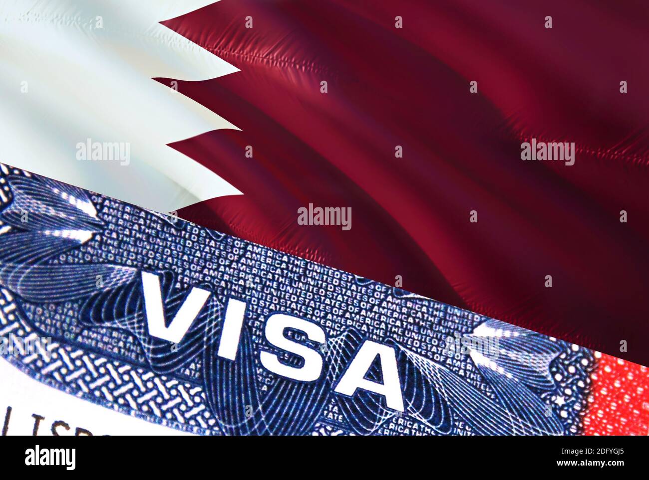 Qatar Visa Document, with Qatar flag in background. Qatar flag with Close  up text VISA on USA visa stamp in passport,3D rendering.Visa passport stamp  Stock Photo - Alamy