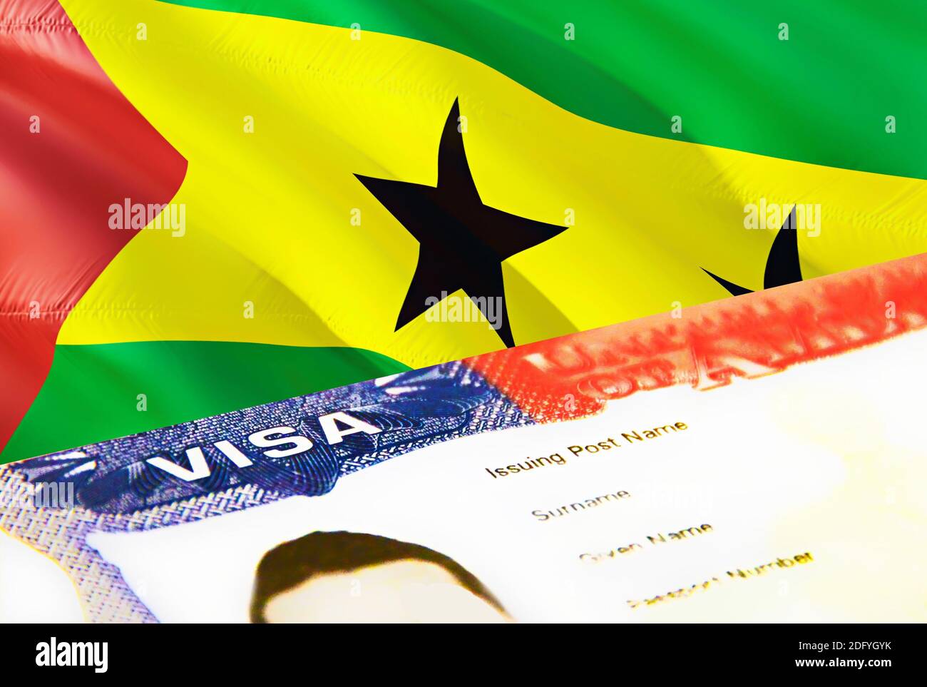 Sao Tome and Principe immigration document close up. Passport visa on Sao  Tome and Principe flag. Sao Tome and Principe visitor visa in passport,3D  re Stock Photo - Alamy