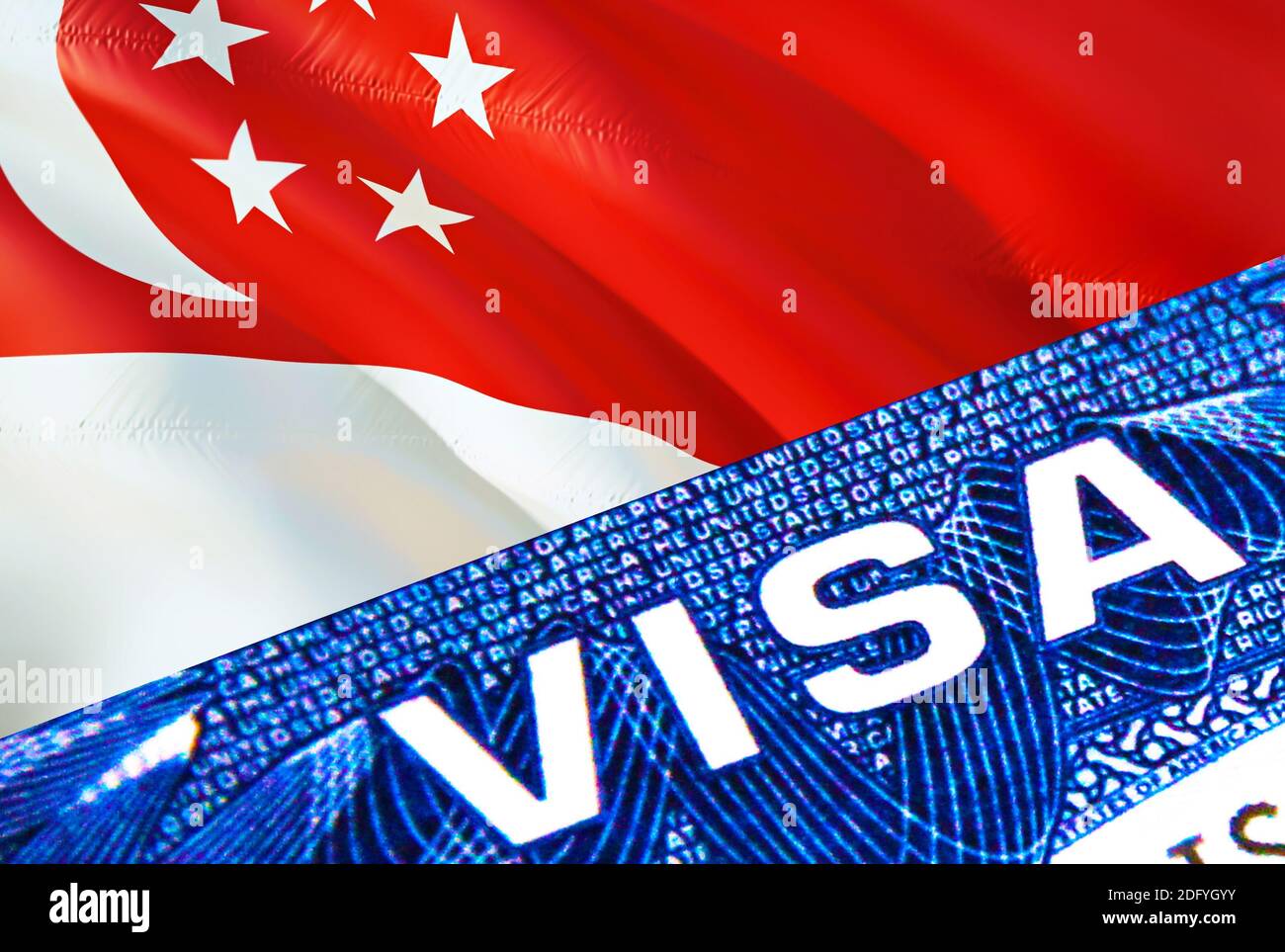 Singapore visa document close up. Passport visa on Singapore flag
