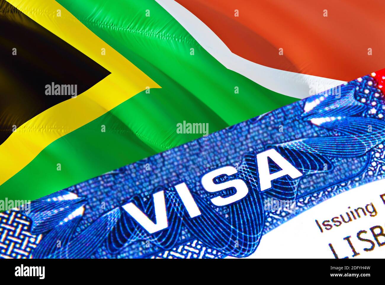 South Africa visa stamp in passport with VISA text. Passport traveling