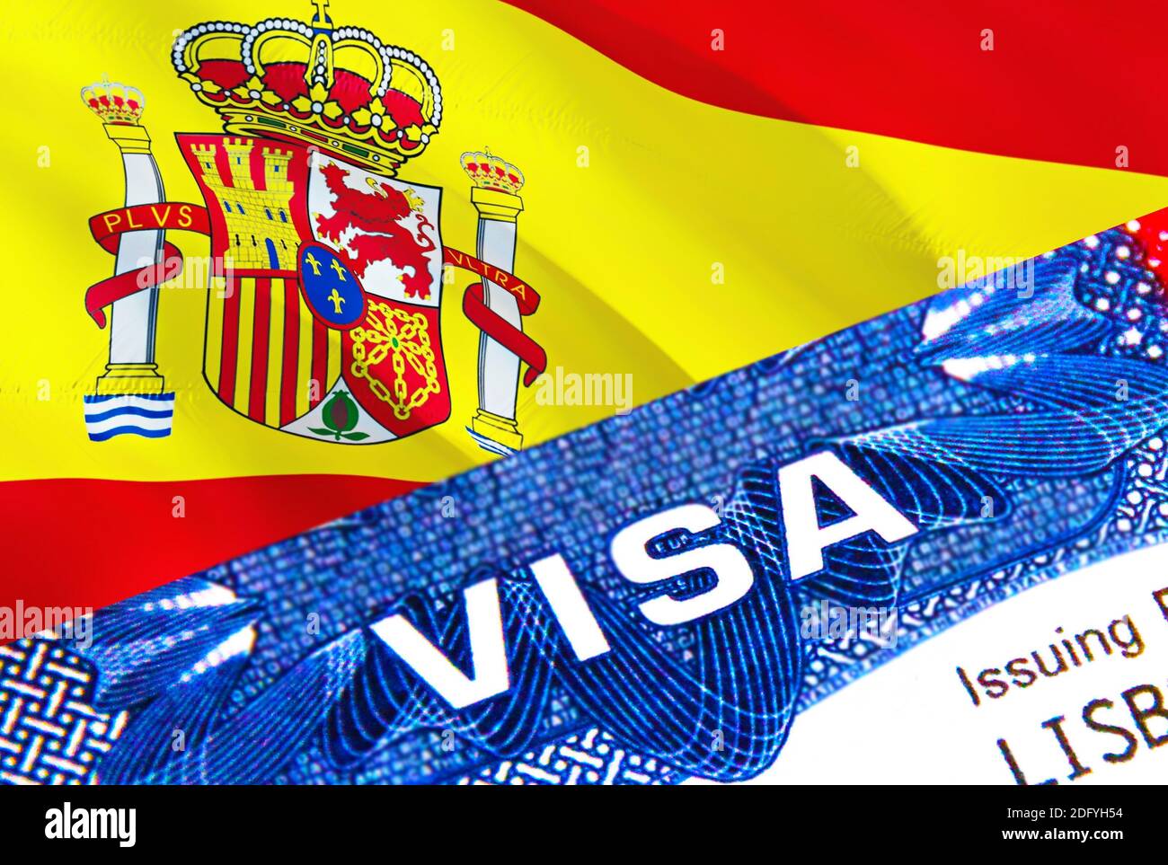 Spain visa stamp in passport with text VISA. passport traveling abroad