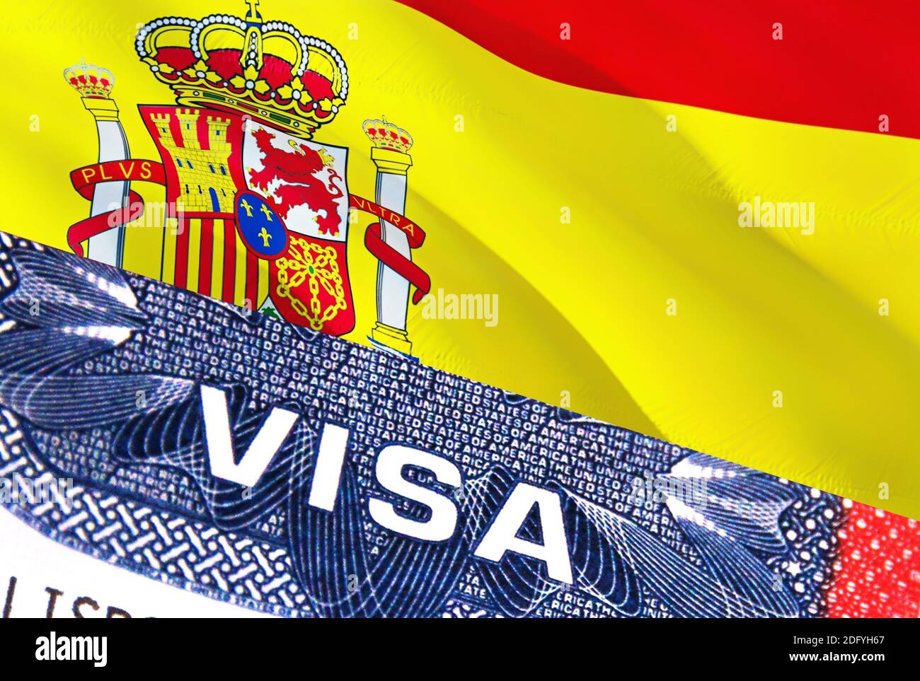 Spain Visa Document, with Spain flag in background. Spain flag with Close  up text VISA on USA visa stamp in passport,3D rendering.Visa passport stamp  Stock Photo - Alamy