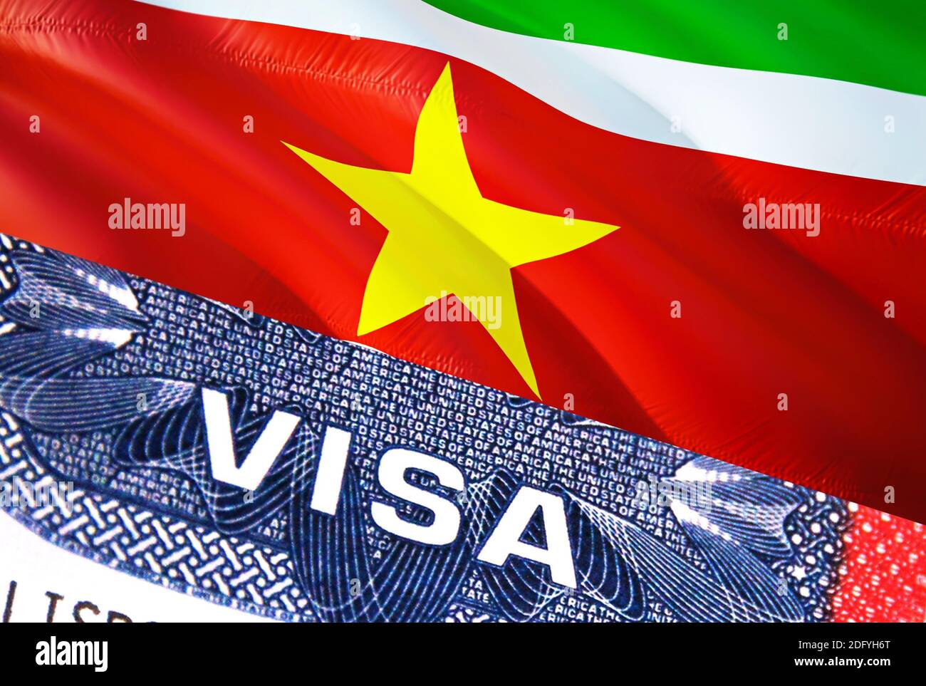Suriname Visa Document, with Suriname flag in background. Suriname flag  with Close up text VISA on USA visa stamp in passport,3D rendering.Visa  passpo Stock Photo - Alamy