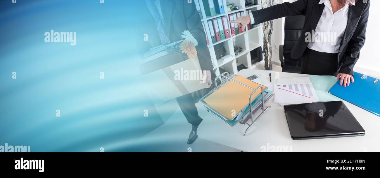 Employee laid off by a businesswoman; multiple exposure Stock Photo Alamy