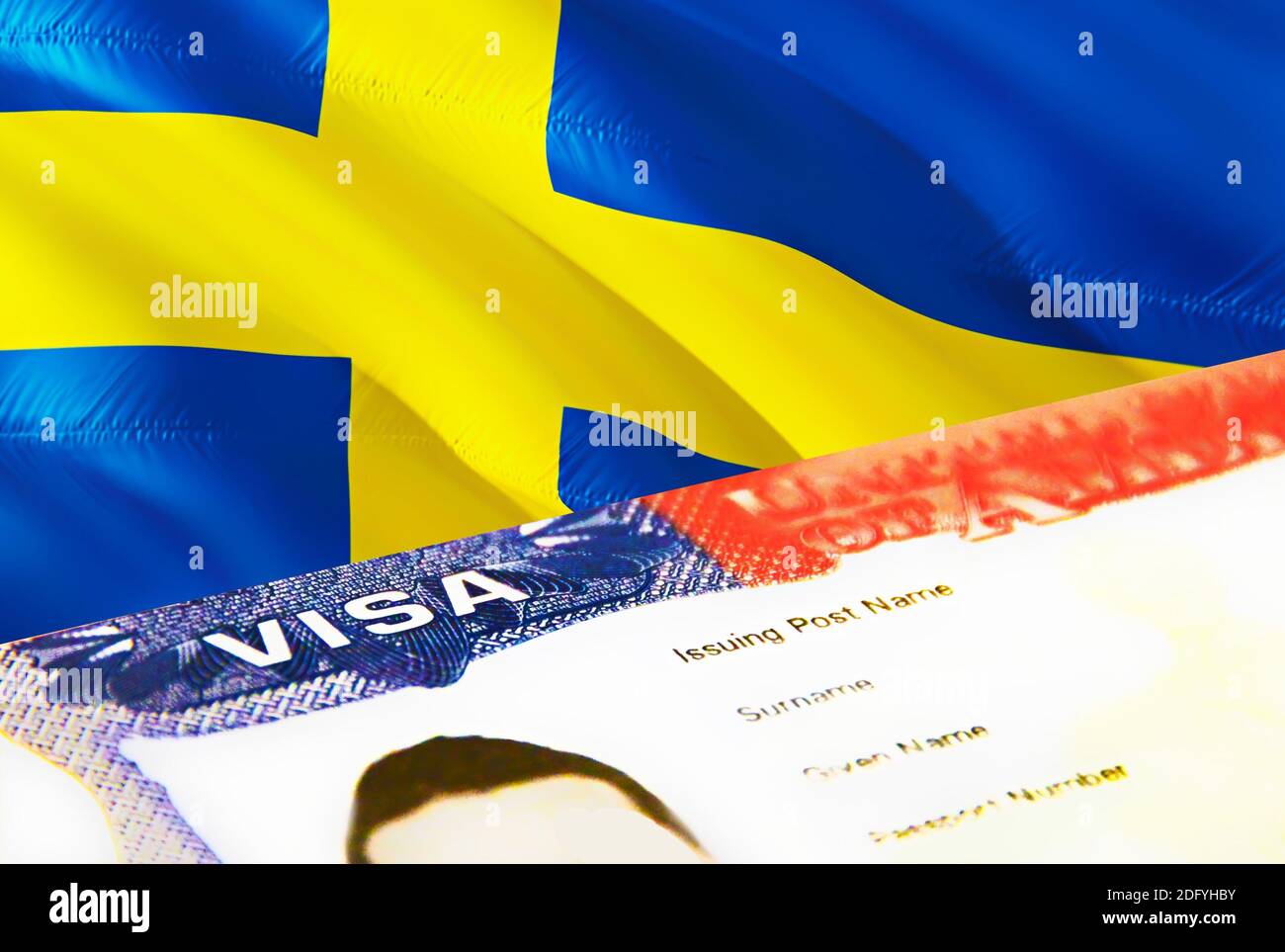 Sweden immigration document close up. Passport visa on Sweden flag. Sweden  visitor visa in passport,3D rendering. Sweden multi entrance visa in passpo  Stock Photo - Alamy