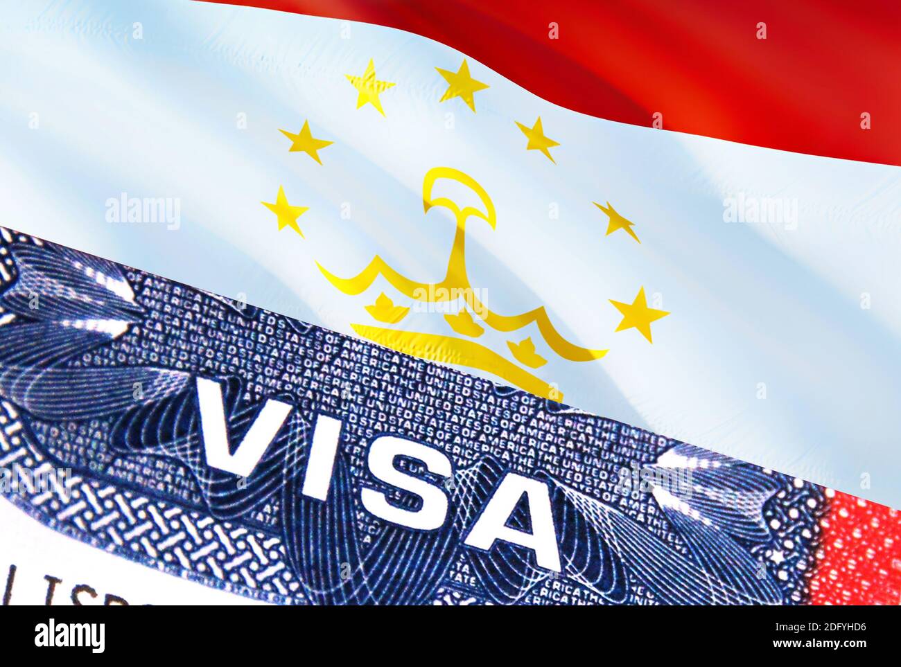 Tajikistan Visa Document, with Tajikistan flag in background. Tajikistan  flag with Close up text VISA on USA visa stamp in passport,3D rendering.Visa  Stock Photo - Alamy