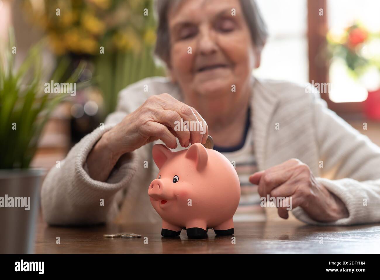 Elderly woman putting a coin in a piggy bank Stock Photo - Alamy