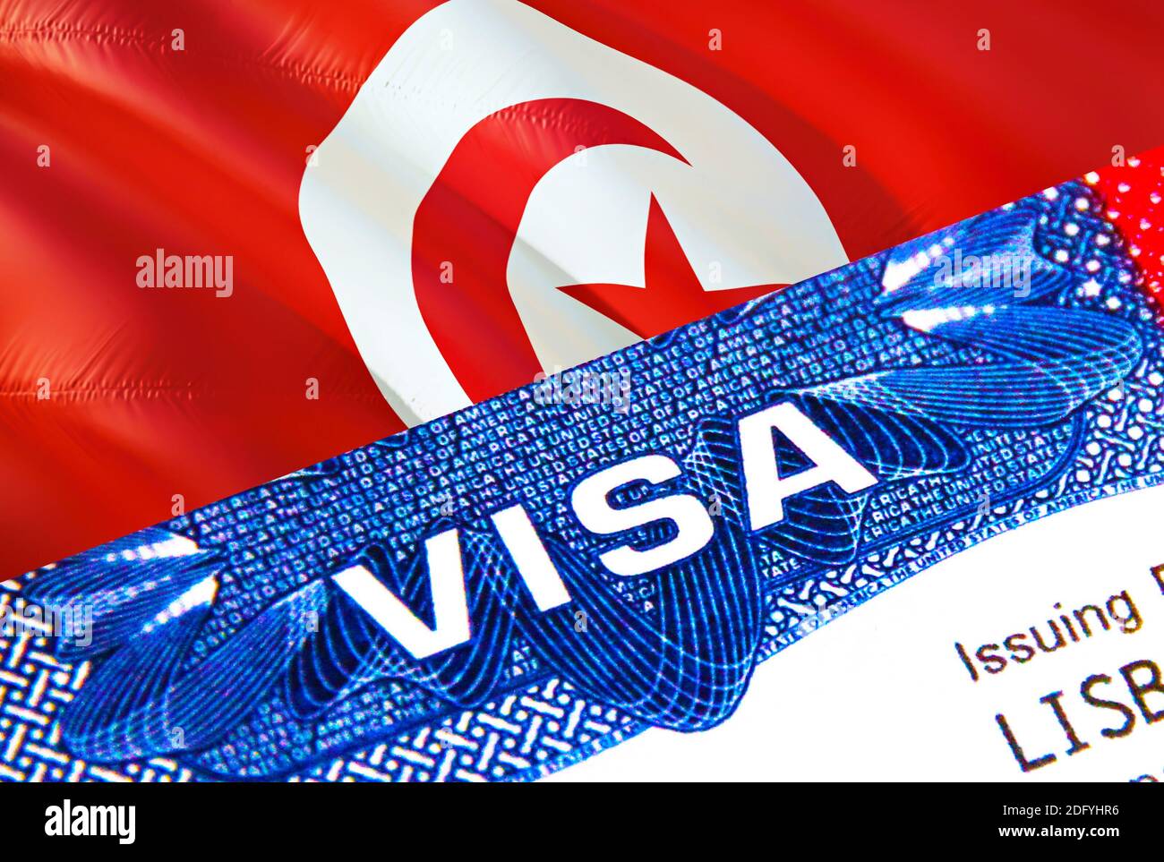 Tunisia Visa in passport. USA immigration Visa for Tunisia citizens  focusing on word VISA. Travel Tunisia visa in national identification  close-up,3D Stock Photo - Alamy