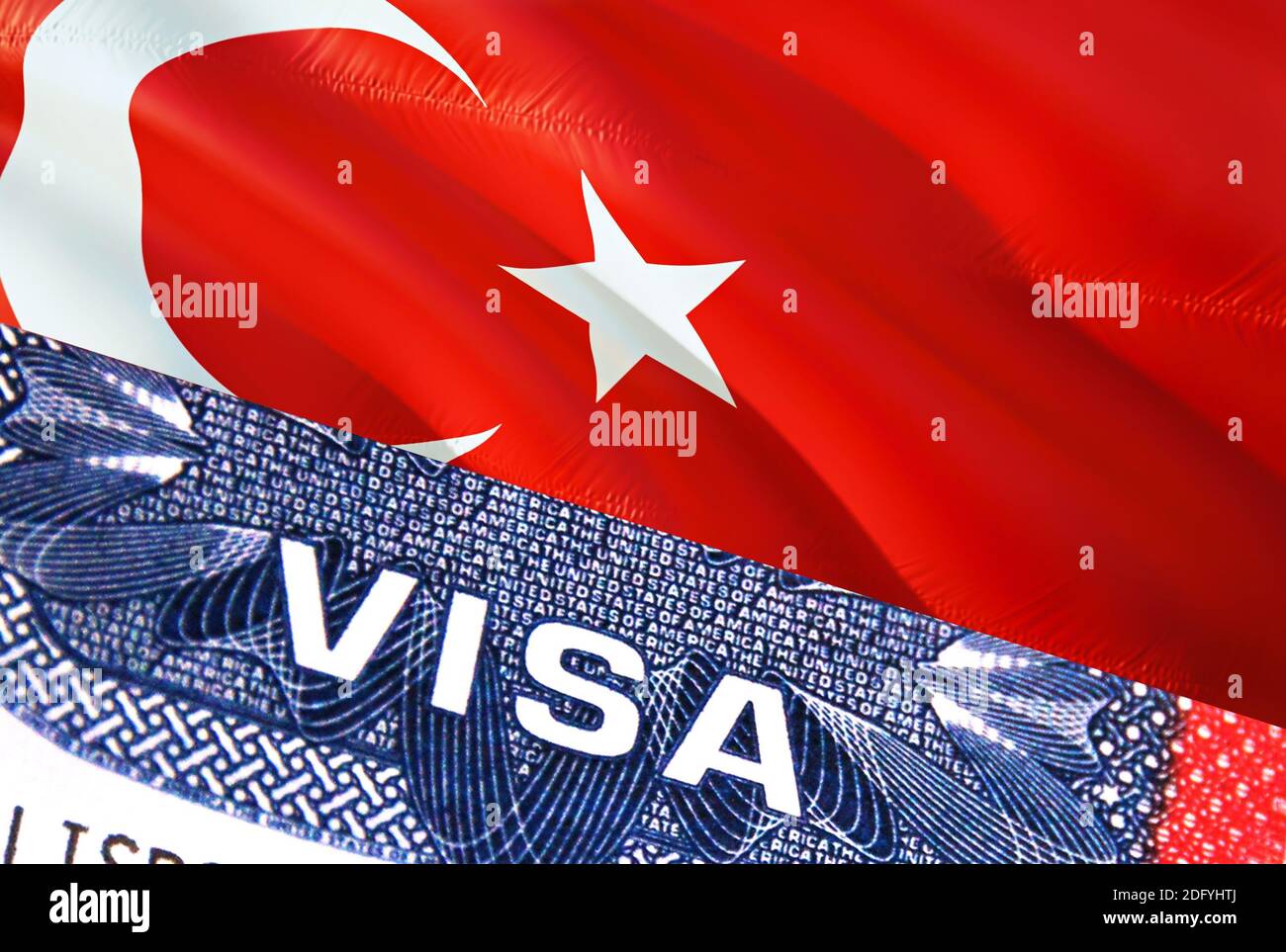 Turkey Visa Document, with Turkey flag in background. Turkey flag with  Close up text VISA on USA visa stamp in passport,3D rendering.Visa passport  sta Stock Photo - Alamy