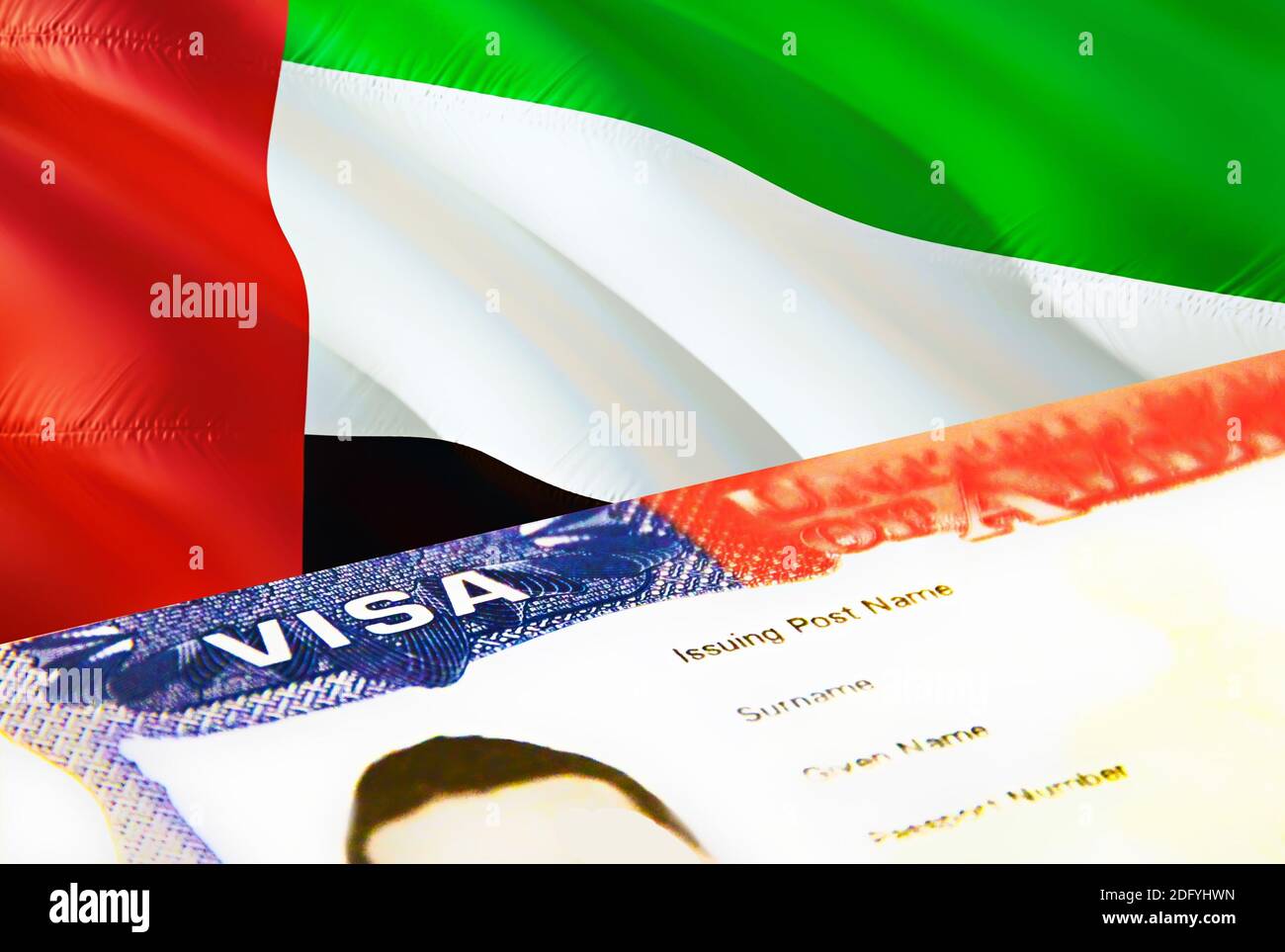 United Arab Emirates immigration document close up. Passport visa on