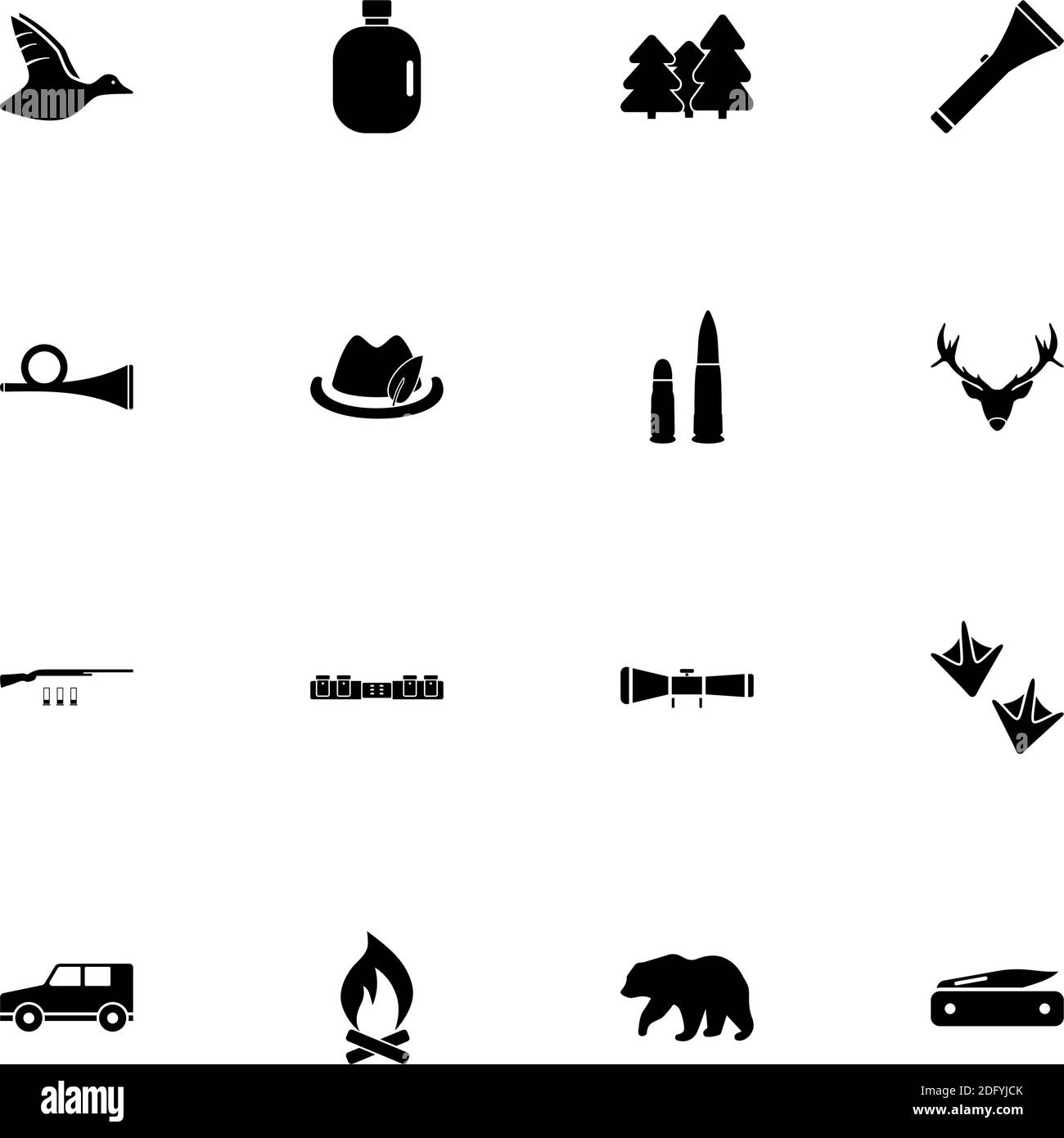 Hunting icon - Expand to any size - Change to any colour. Perfect Flat Vector Contains such Icons as rifle, ammunition, hat, bear, duck, forest, suv c Stock Vector