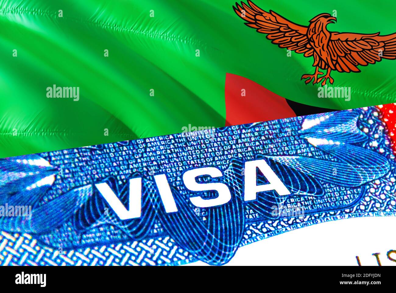 Zambia Visa. Travel to Zambia focusing on word VISA, 3D rendering