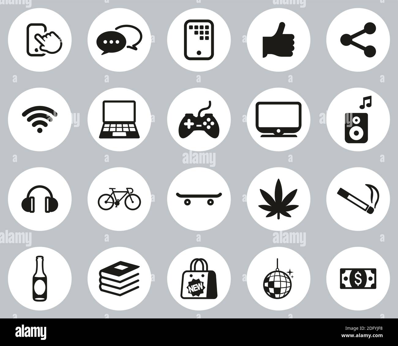 Teenager Icons Black & White Flat Design Circle Set Big Stock Vector ...