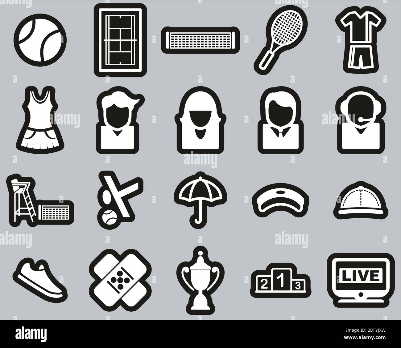 Tennis Sport & Equipment Icons White On Black Sticker Set Big Stock ...