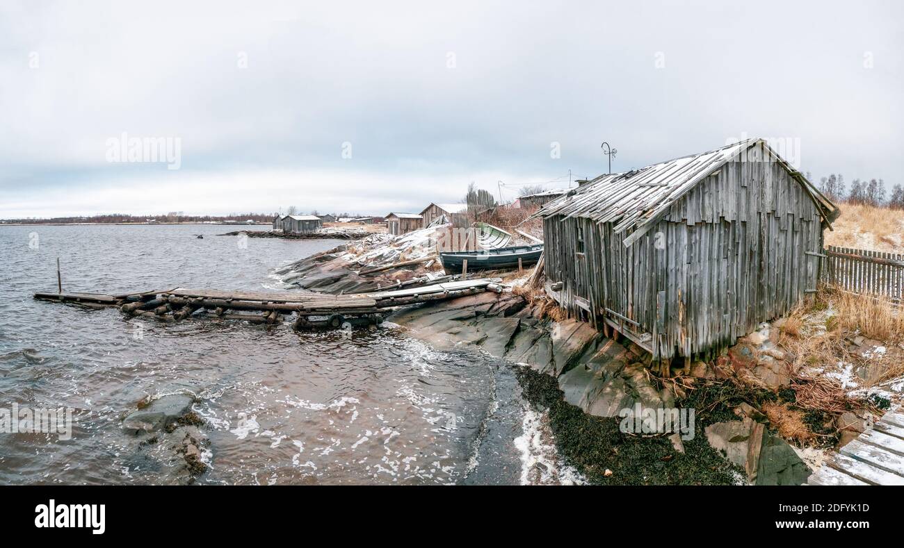 Panoramic view of Kem. Fishing village Rabocheostrovsk on the shore of the White sea during low tide Stock Photo