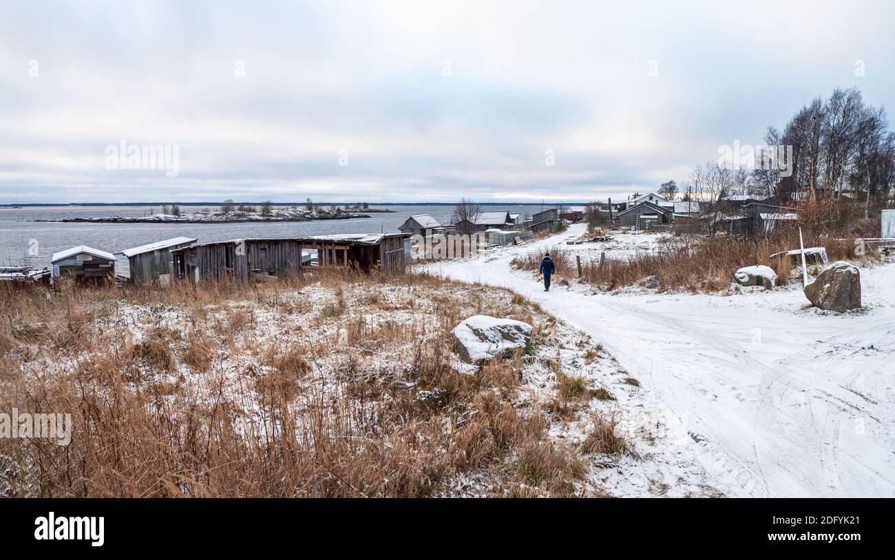 Panoramic view of Kem. Fishing village Rabocheostrovsk on the shore of the White sea Stock Photo