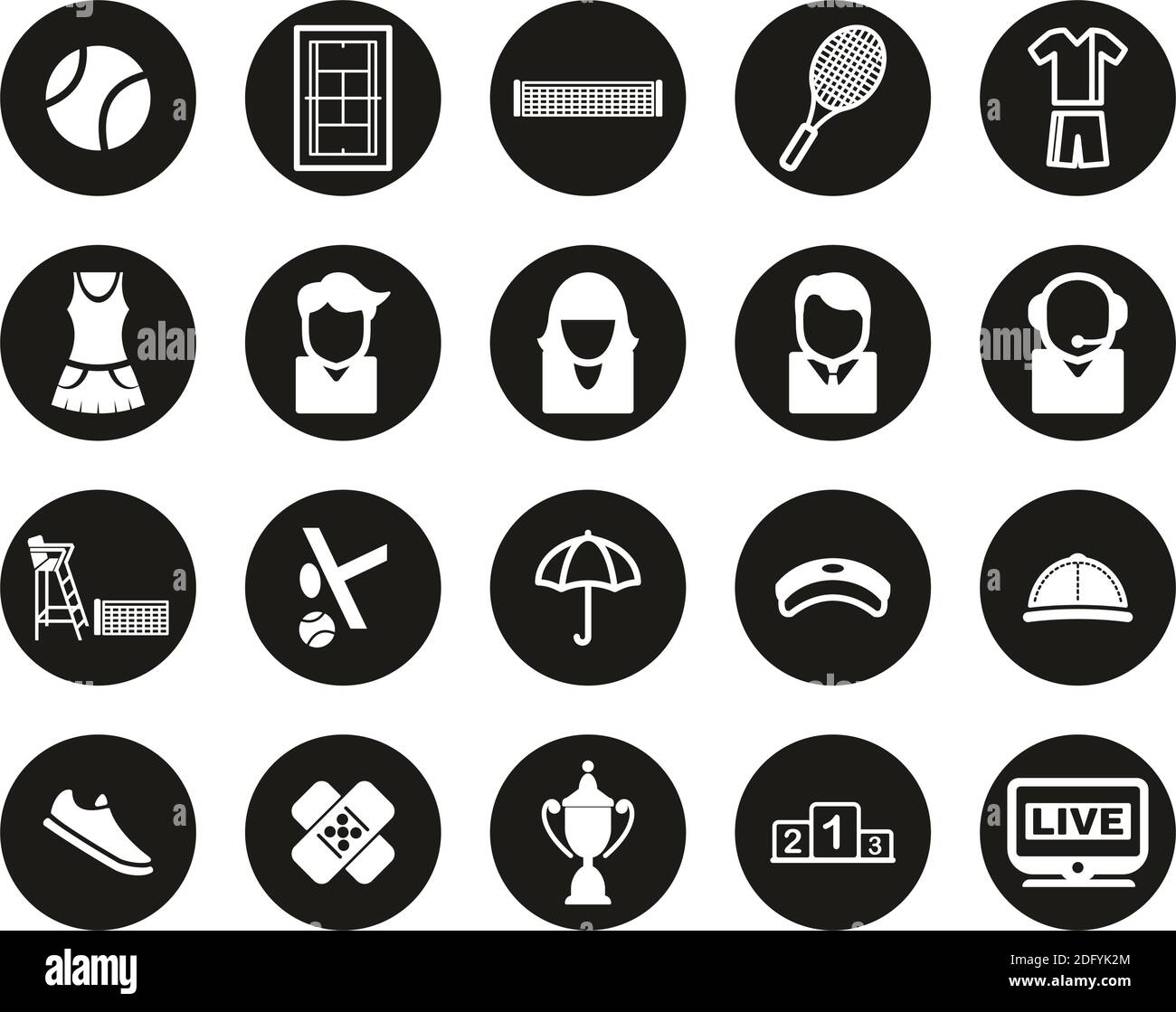 Tennis Sport & Equipment Icons White On Black Flat Design Circle Set ...