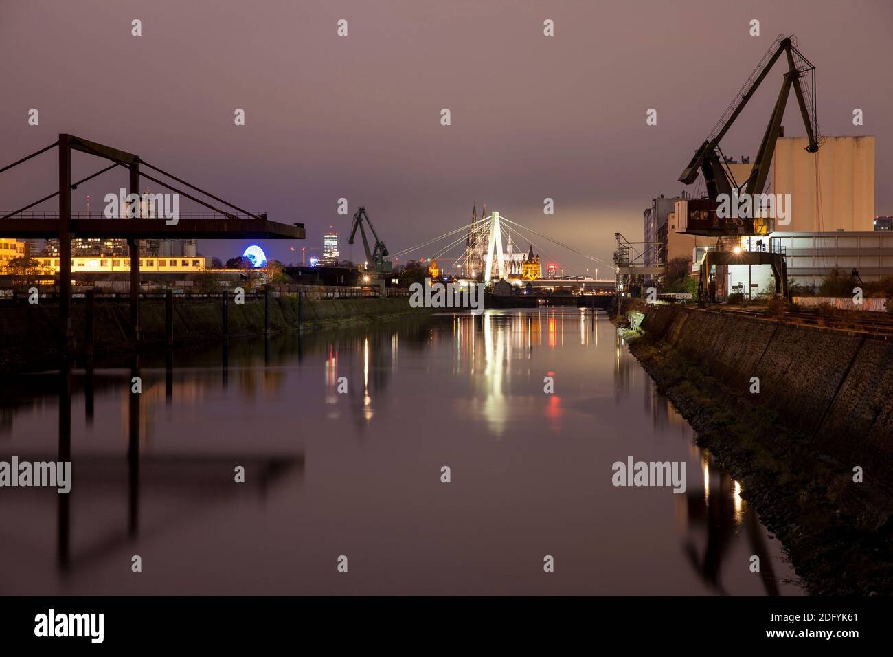 Rhine harbor in the district Deutz, in the background the cathedral and Severins bridge, Cologne, Germany. Stock Photo