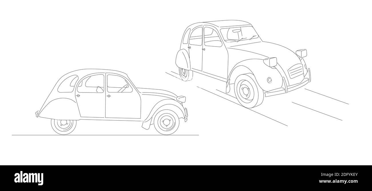 Line illustration of retro car in two views, side and perspective, simple linear graphic, realistic details Stock Vector