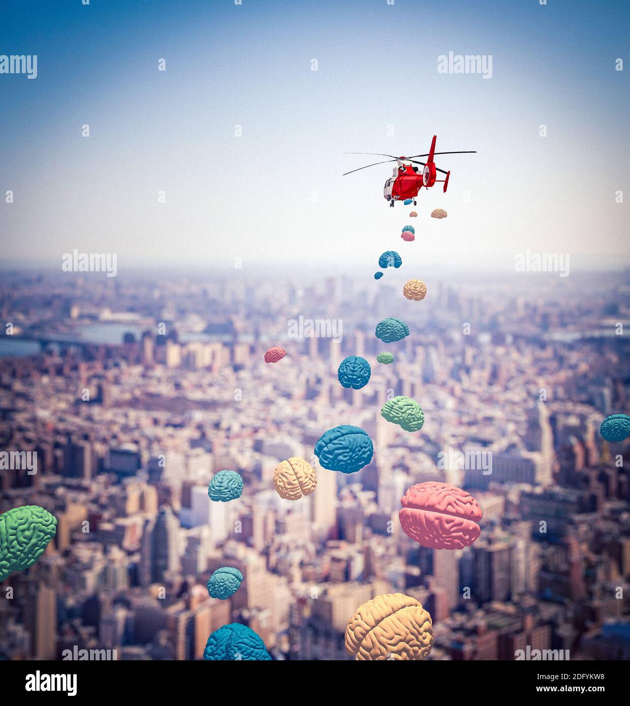 helicopter deploys brains to fight ignorance. 3d render. Stock Photo