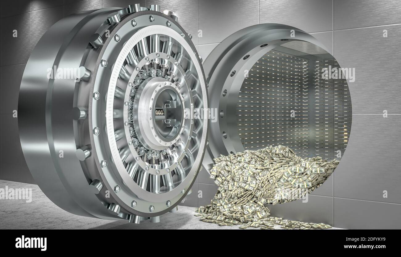 open vault door and money dollars coming out. concept of wealth and security. 3d render. Stock Photo