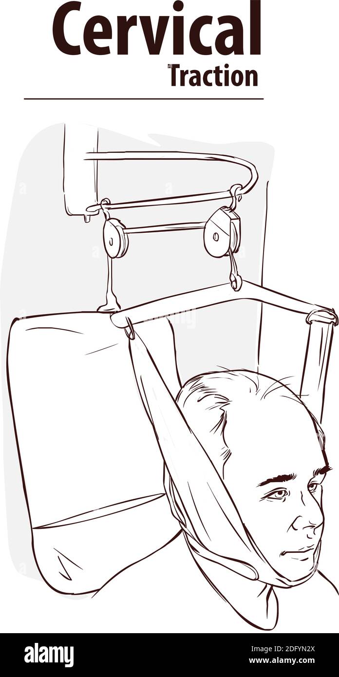 Man in neck traction machine for physiotherapy vector illustration
