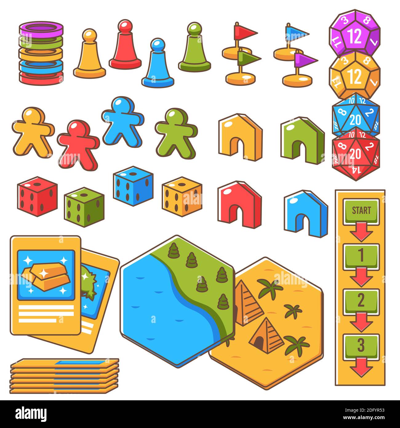Board game set, figures with dices and play cards Stock Vector