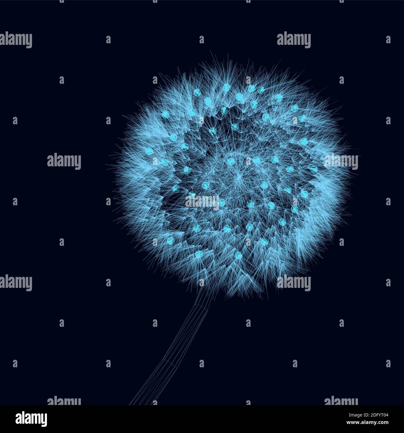 Contour of a detailed dandelion made of blue lines on a dark background. Vector illustration. Stock Vector