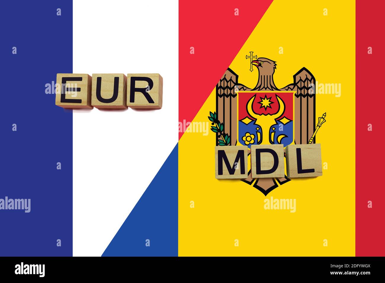 France and Moldova currencies codes on national flags background ...