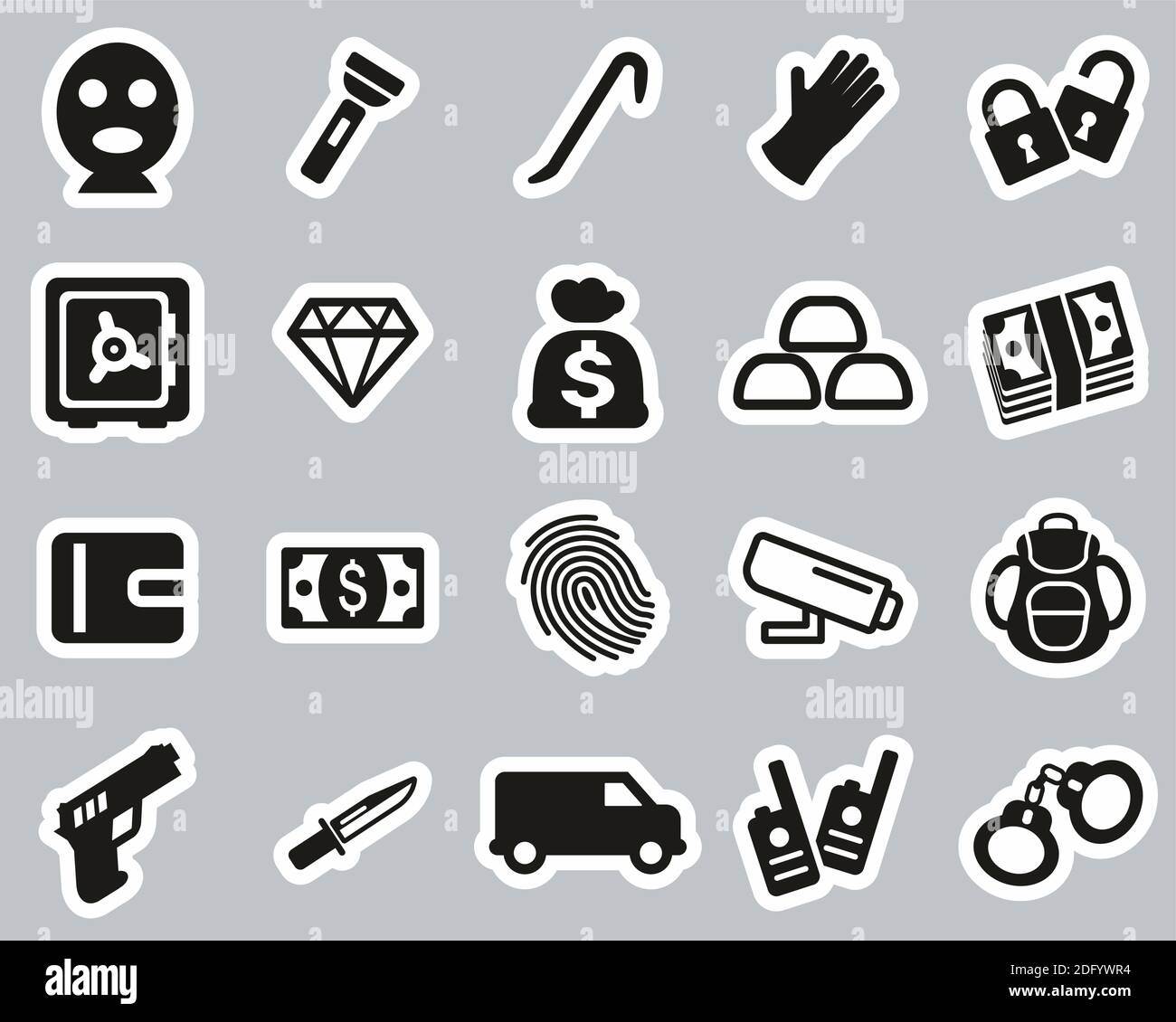 Thief Or Burglar Icons Black & White Sticker Set Big Stock Vector