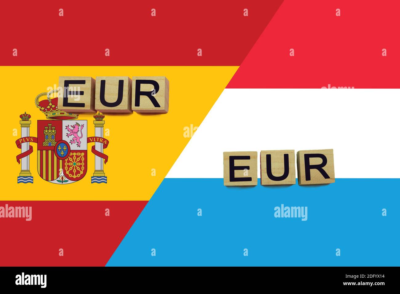 Spain and Luxembourg currencies codes on national flags background. International money transfer concept Stock Photo