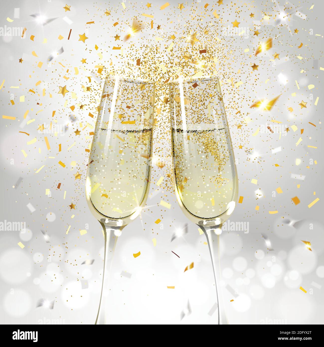 glasses with champagne on a background of gold and silver confetti Stock Vector