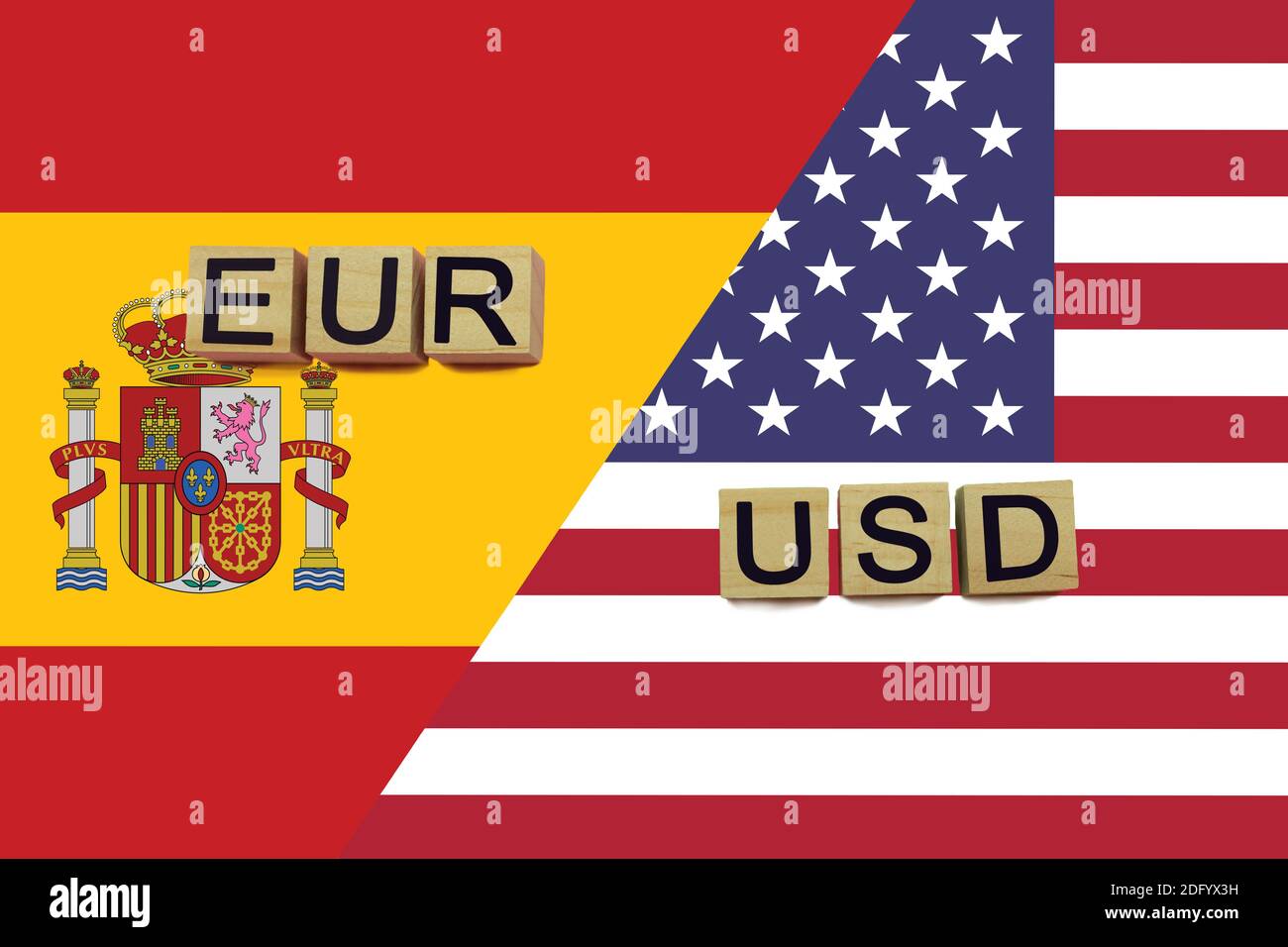 Spain and USA currencies codes on national flags background