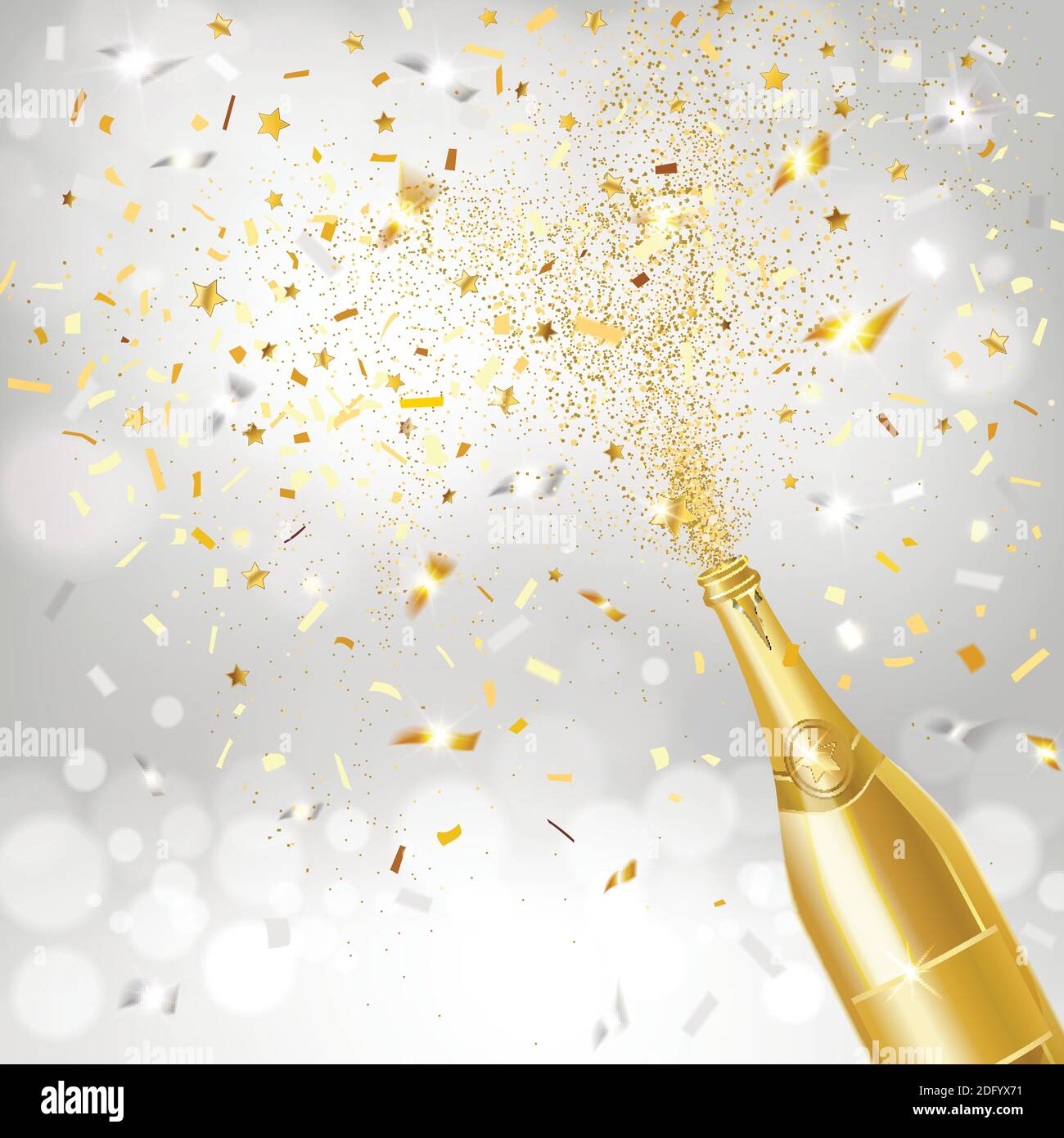 golden bottle of champagne with confetti explosion on silver background Stock Vector