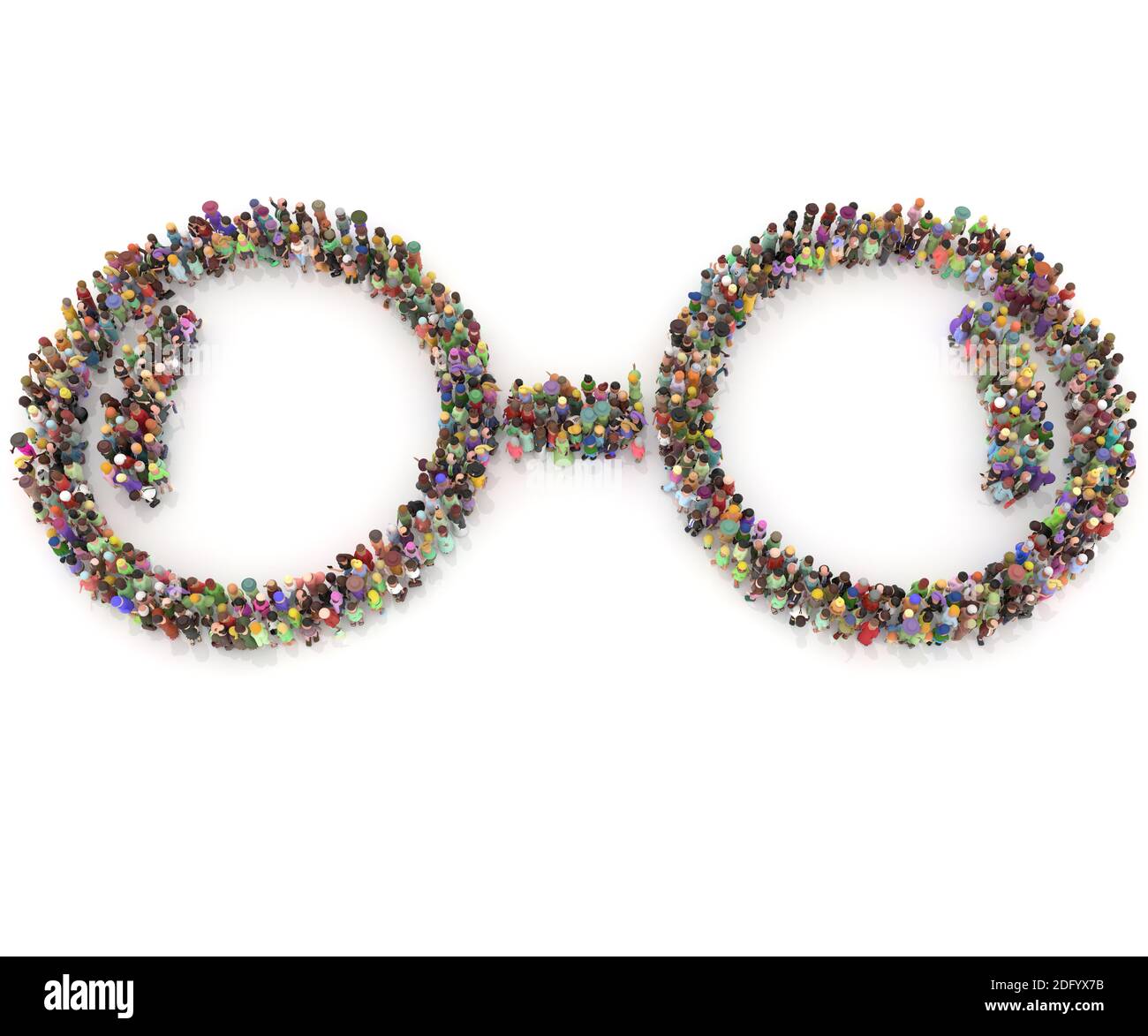 Large crowd of people 3D rendered seen from above in the shape of a glasses Stock Photo