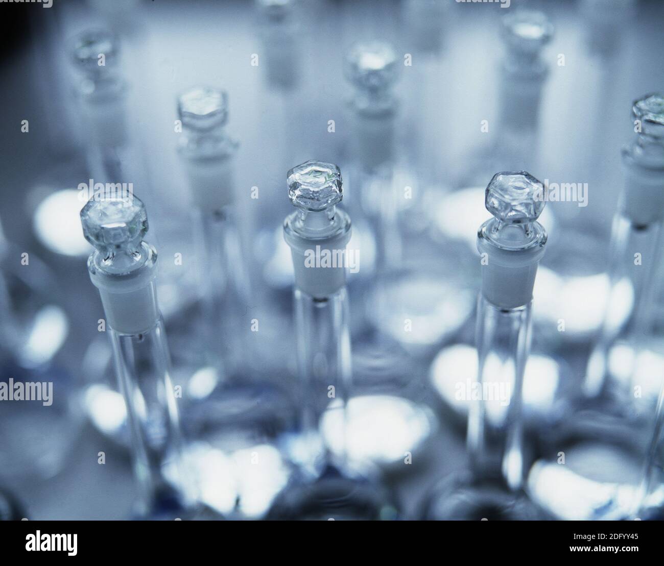 Glass bottles in the chemical laboratory Stock Photo