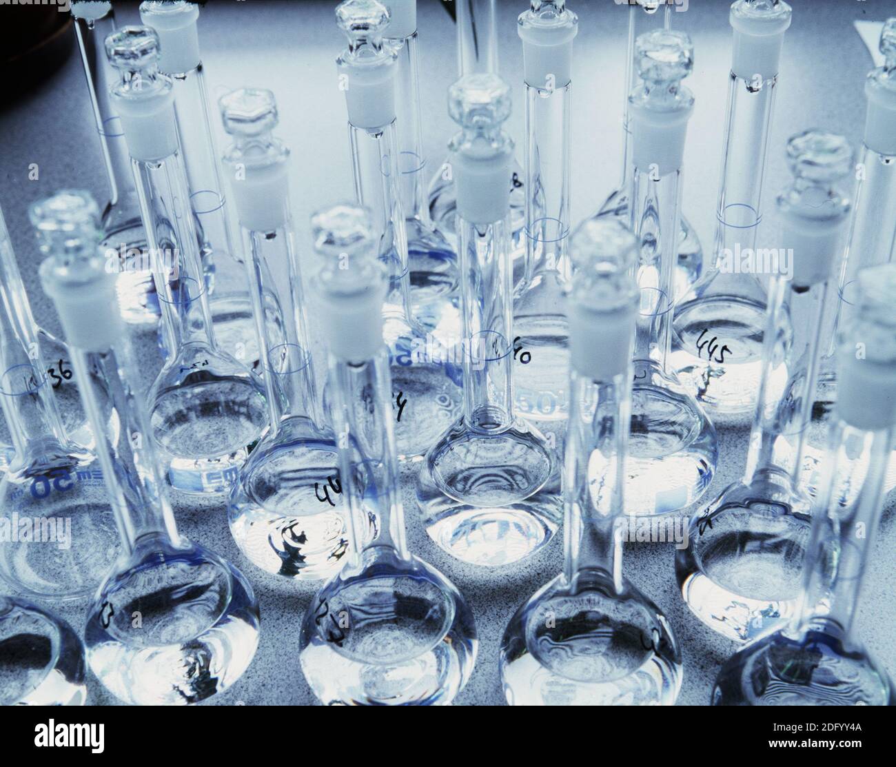 Glass bottles in the chemical laboratory Stock Photo