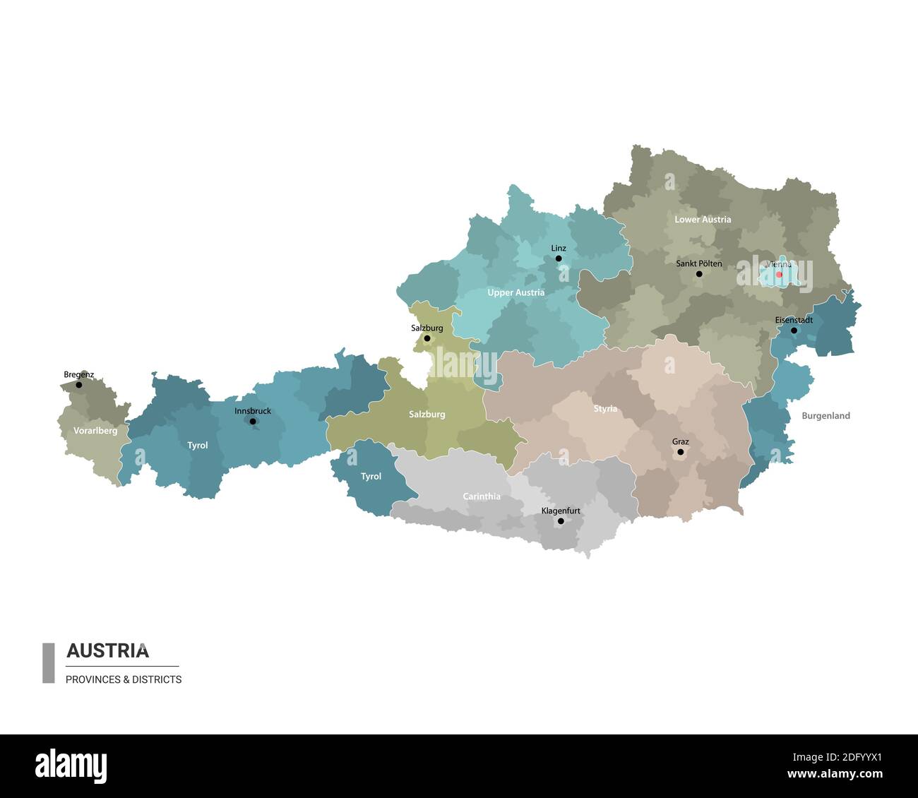 Austria higt detailed map with subdivisions. Administrative map of Austria with districts and cities name, colored by states and administrative distri Stock Vector