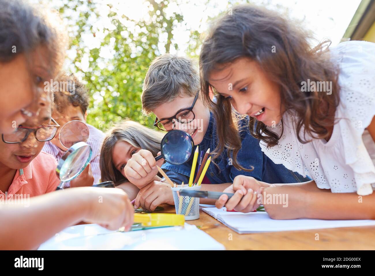 Inquisitive children look at leaf through magnifying glass and learn about plants and ecology Stock Photo