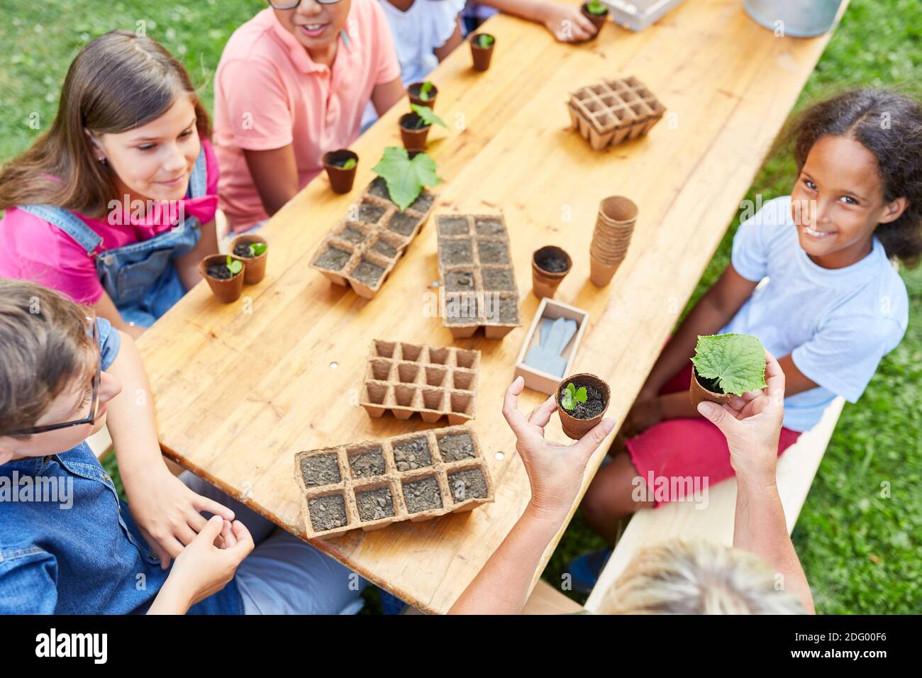 Group of children learn to garden and plant in biology class at summer school Stock Photo