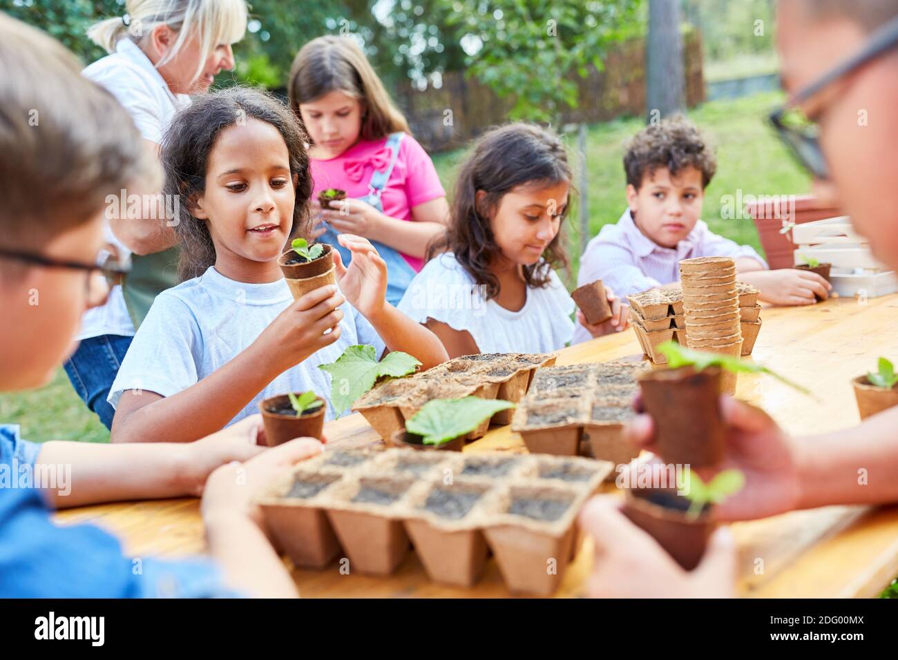 Group of children in summer school learn how to grow plants in biology Stock Photo