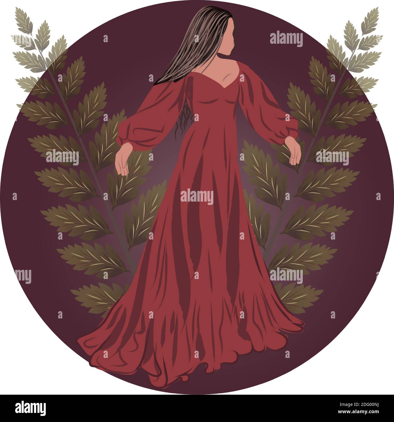 Brunette in red dress with two twigs and a burgundy circle behind her. Vector Stock Vector