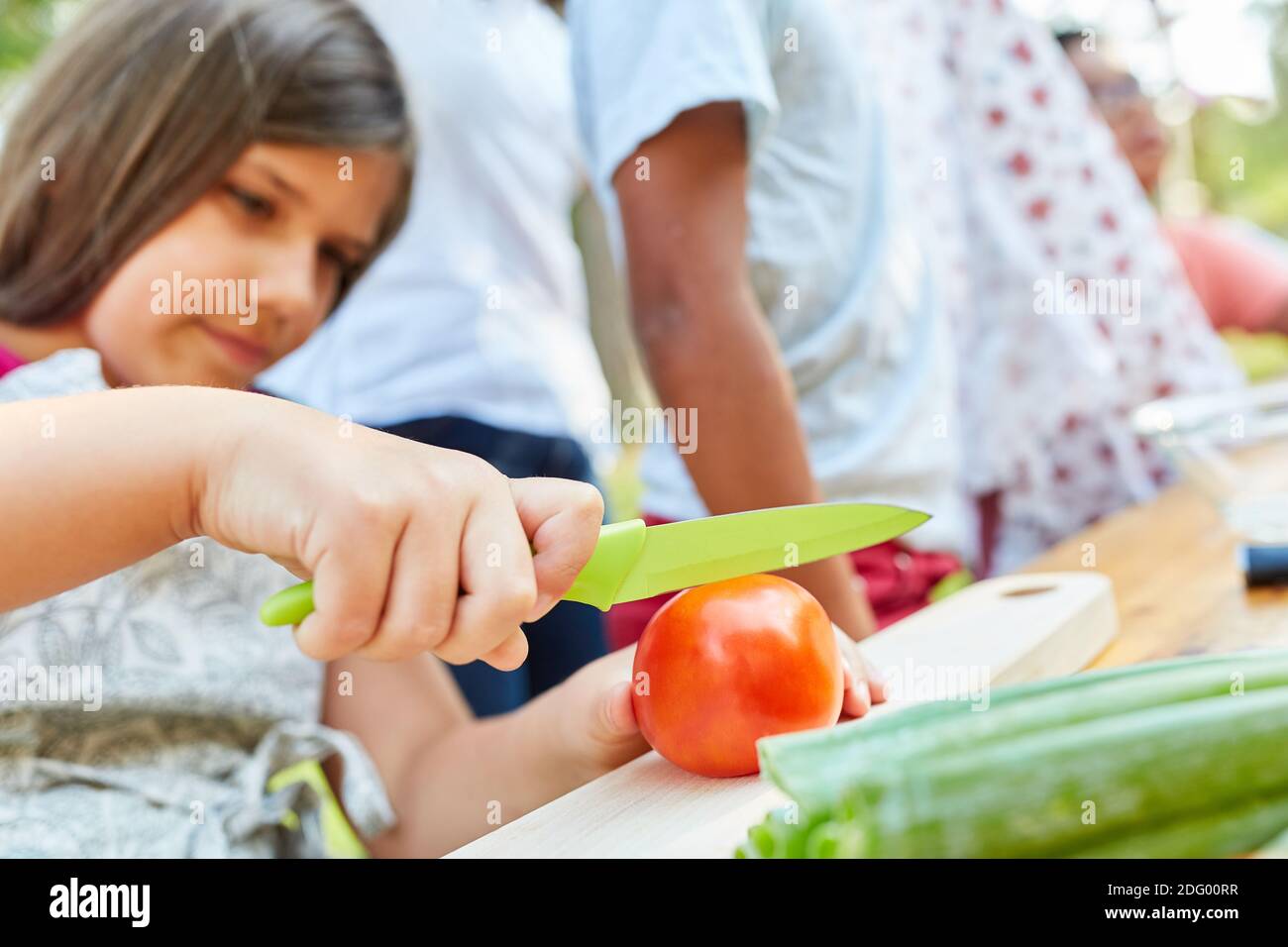 Child cutting tomato in healthy cooking class in summer camp Stock Photo