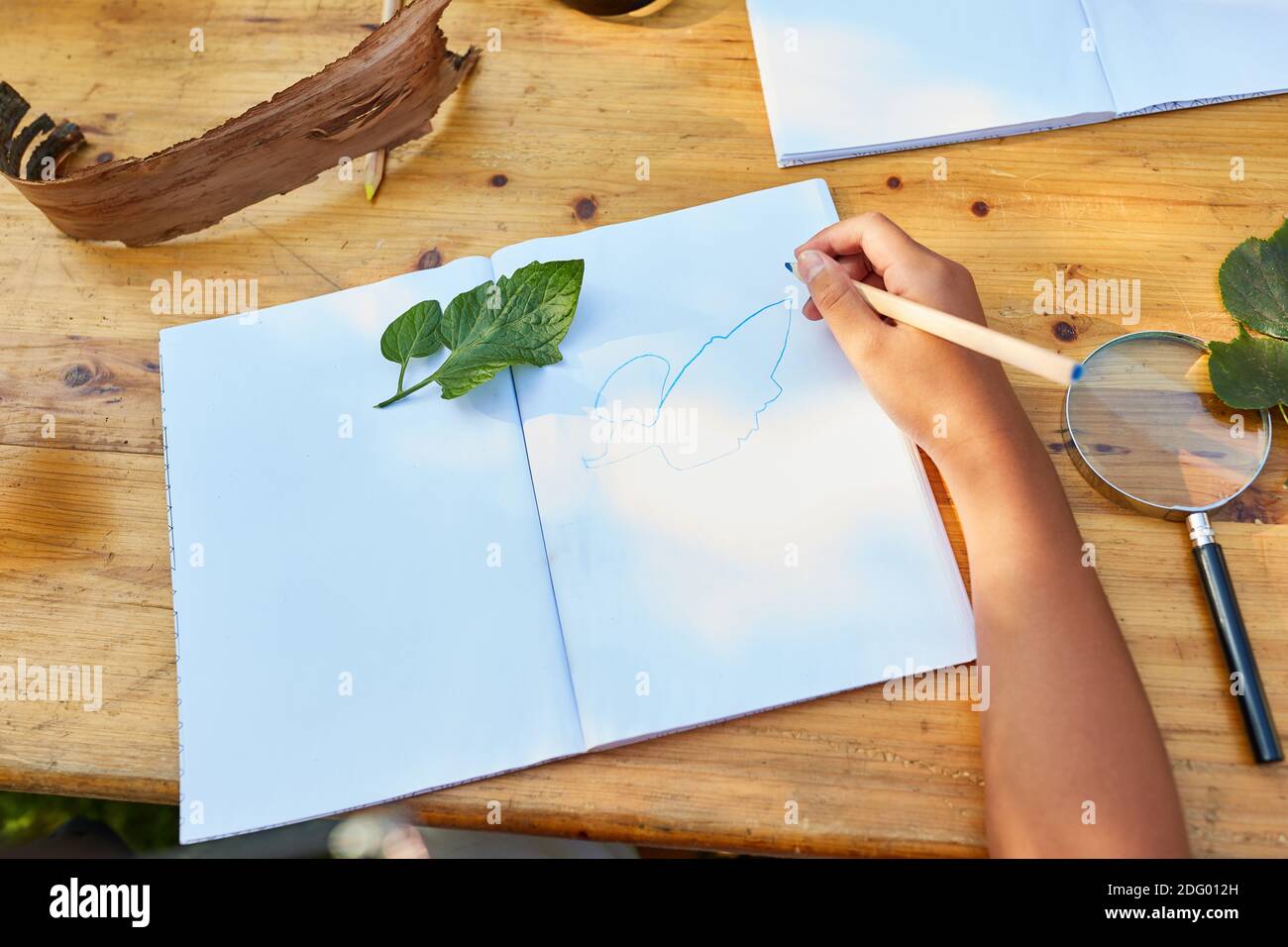 Hand of child with pen while drawing sheet in creative vacation class