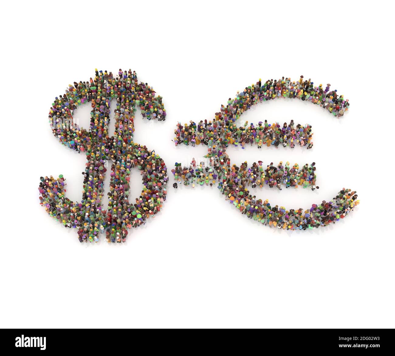 Large crowd of 3D people seen from above in the shape of euro, finance Stock Photo